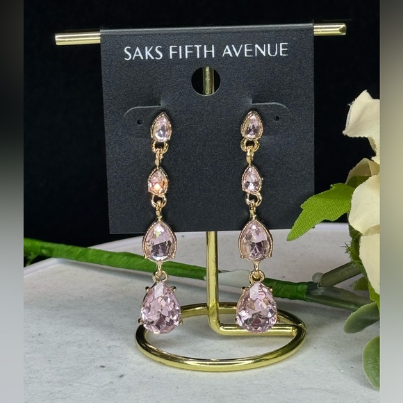 Simply Elegant Saks Fifth Avenue Pink Crystal Dangle Statement Earrings 2.25in - Picture 2 of 9
